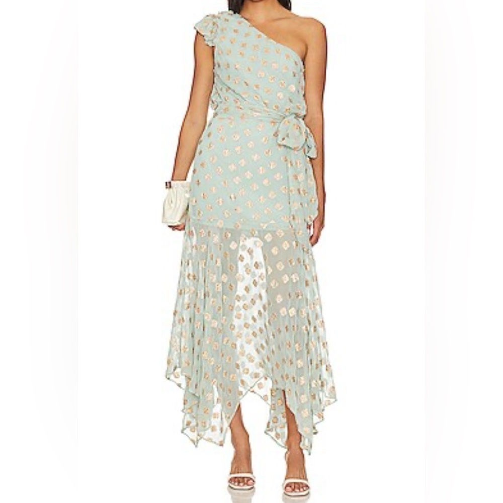 Karina Grimaldi Letitzia Dress One-Shoulder Mint Floral Handkerchief Hem Dress